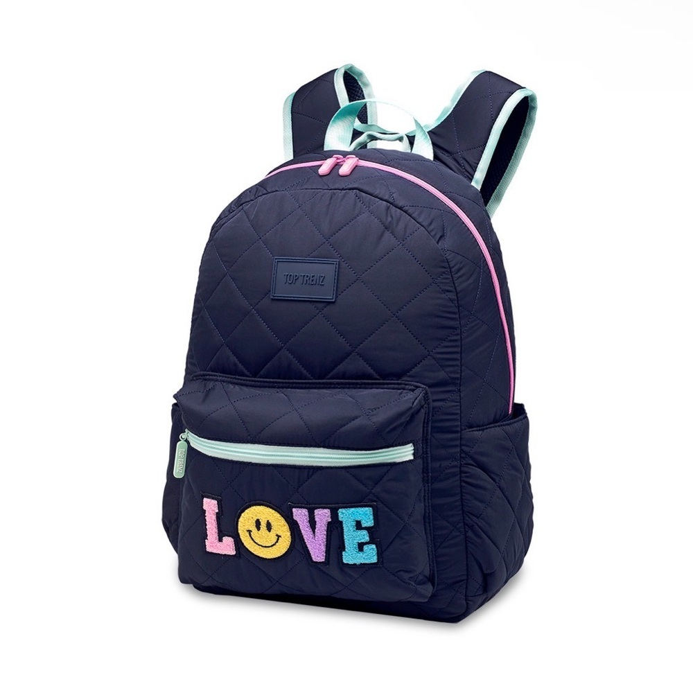 Quilted Navy Kids Backpack with Colorful LOVE Patch
